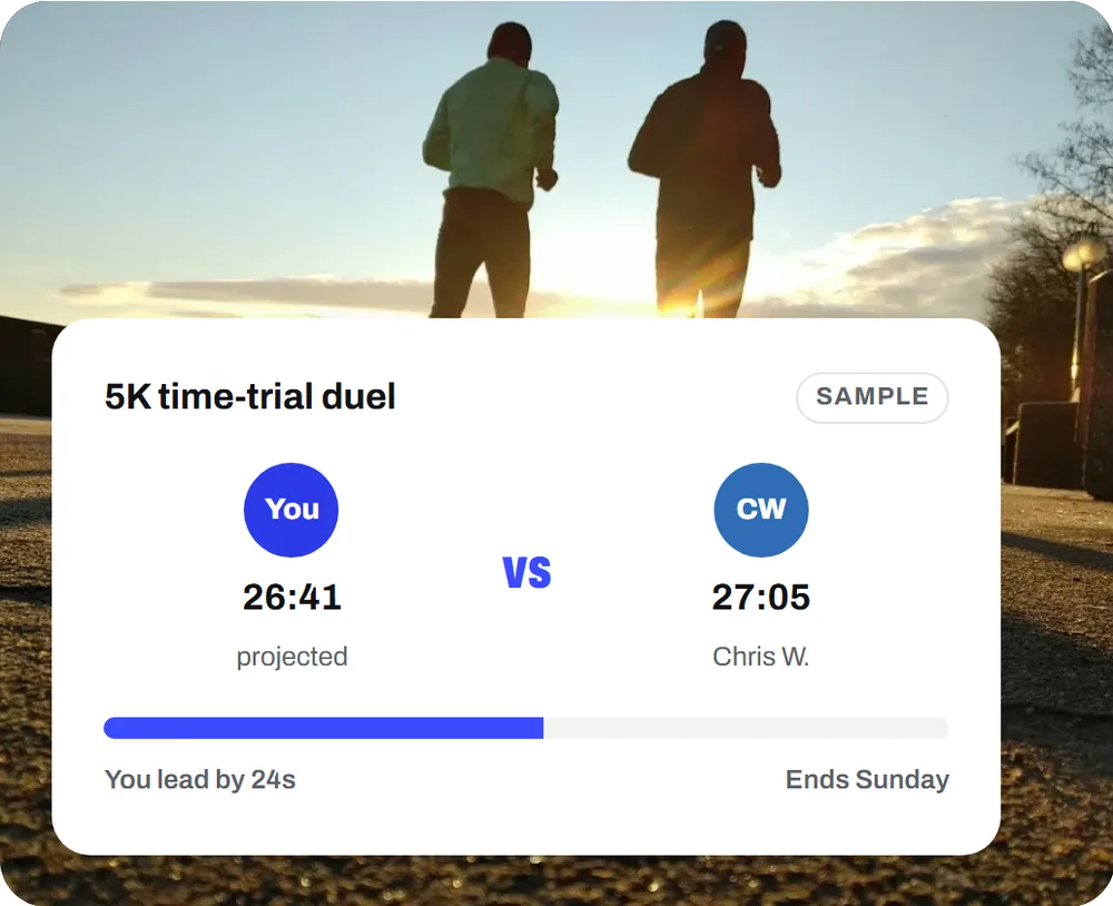 A 5K time-trial duel card over a photo of two runners at sunset: you lead Chris W. by 24 seconds, ends Sunday.
