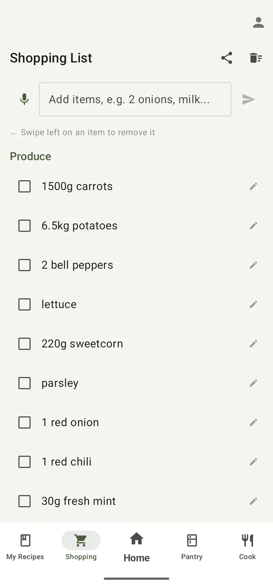 The Big Shop's shopping list, grouped under Produce: carrots, potatoes, bell peppers, lettuce, sweetcorn, parsley, red onion, red chilli and mint.