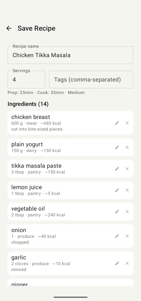 The Big Shop's parsed recipe: chicken tikka masala for 4, with 14 ingredients, each with quantity, category and calories.