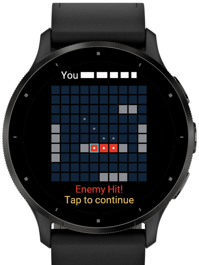 Naval Strike on a Garmin watch: your fleet on a 10 by 10 grid, with the watch's shots marked and the message Enemy Hit! Tap to continue.