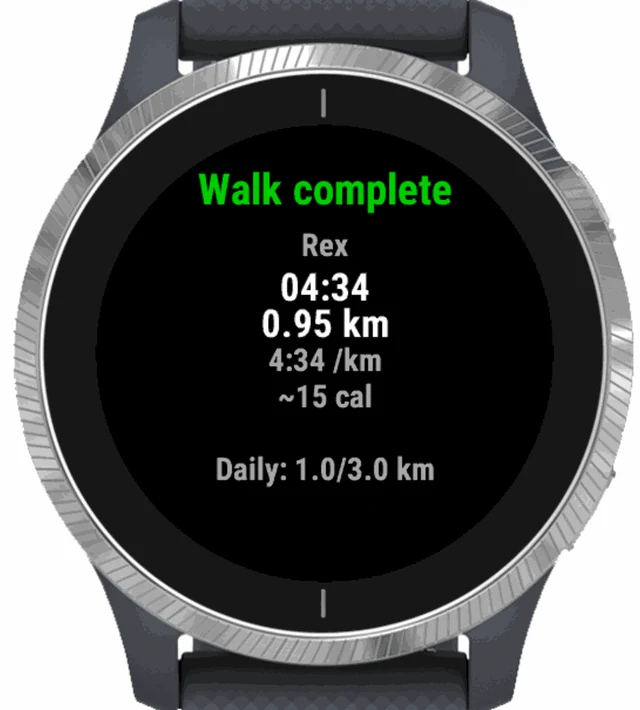 PetPacer's walk summary: 4 minutes 34, 0.95 km, 4:34 per km, about 15 calories, daily goal 1.0 of 3.0 km.
