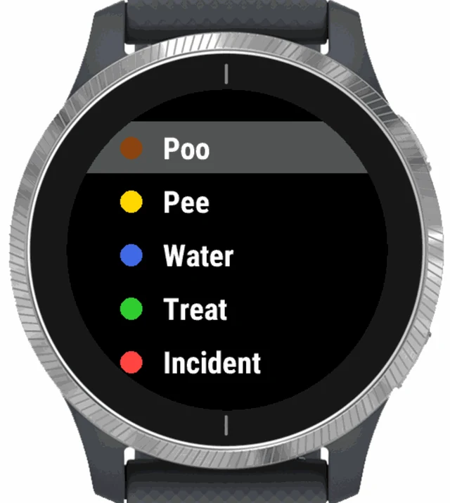 PetPacer's one-tap log: poo, pee, water, treat and incident.