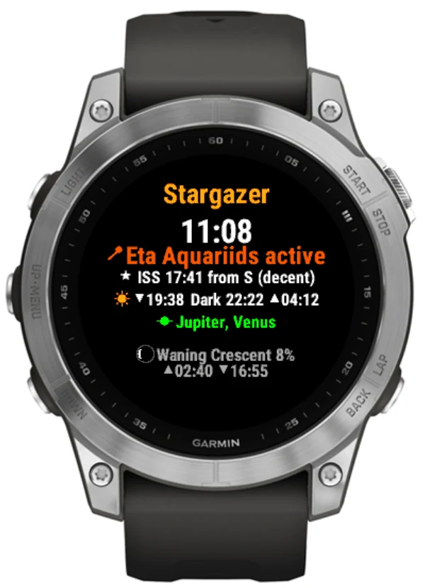 Stargazer's briefing on a Garmin watch: Eta Aquariids active; ISS 17:41 from the south, decent; sunset 19:38, dark 22:22, sunrise 04:12; Jupiter and Venus up; waning crescent moon 8 per cent, rising 02:40, setting 16:55.