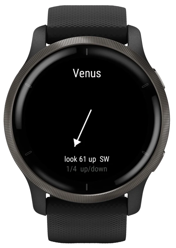Stargazer's Sky Pointer on a Garmin watch: an arrow pointing at Venus, with the text look 61 up SW.